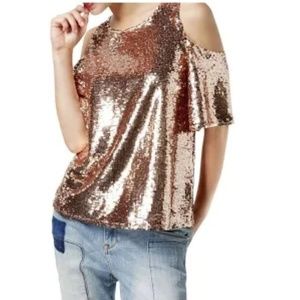 INC Cold Shoulder Rose Gold Allovet Sequin top Small Petite Holiday Party